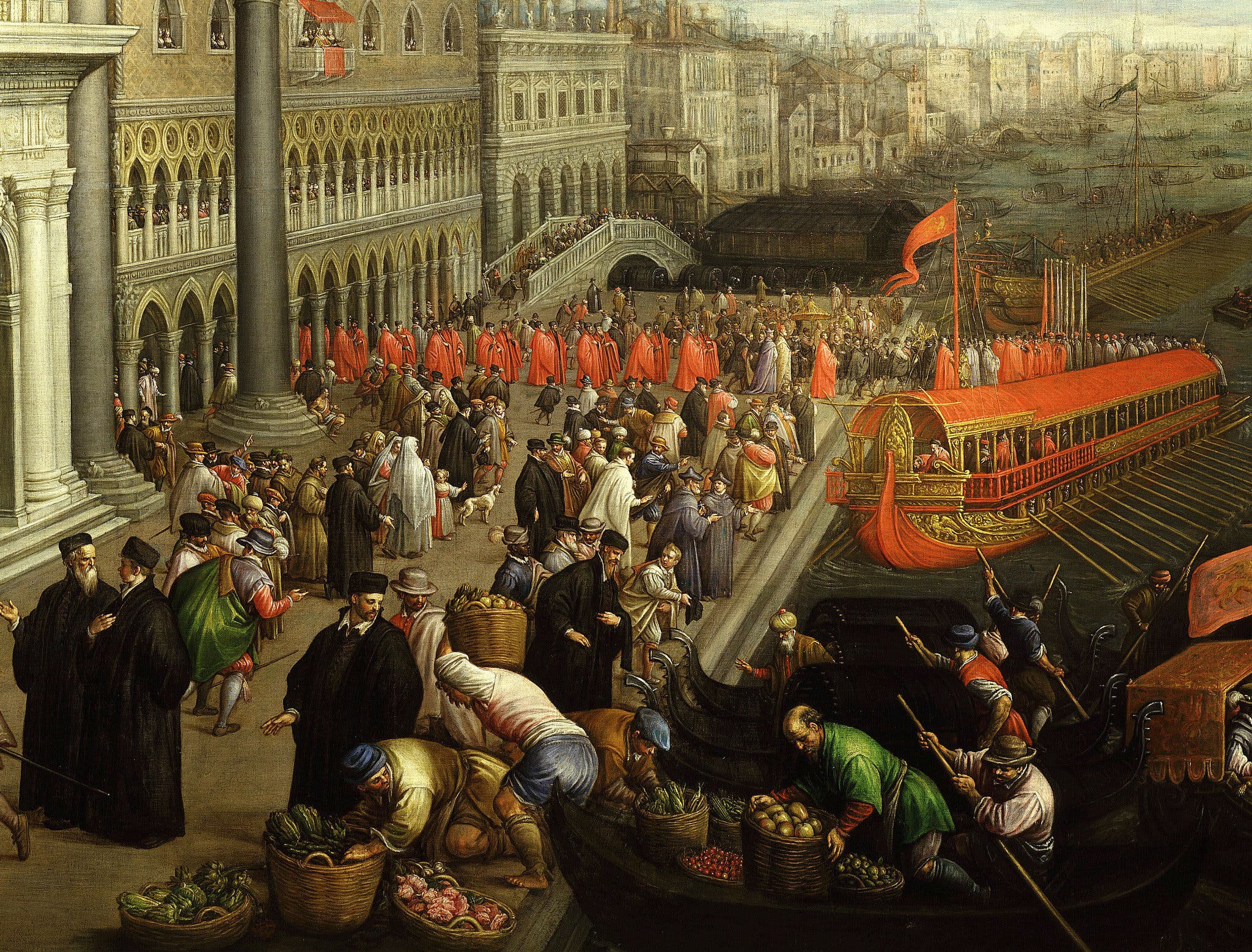 A painting of 17th-century Venice, with a view of the banks of the Grand Canal and the Doge’s Palace, by Leandro Bassano.